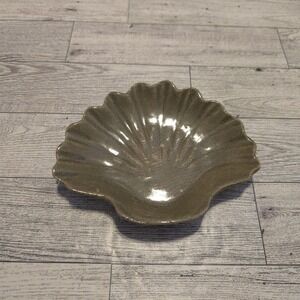Studio Pottery Scallop Shell Dish Green Glaze‎ Signed PJR